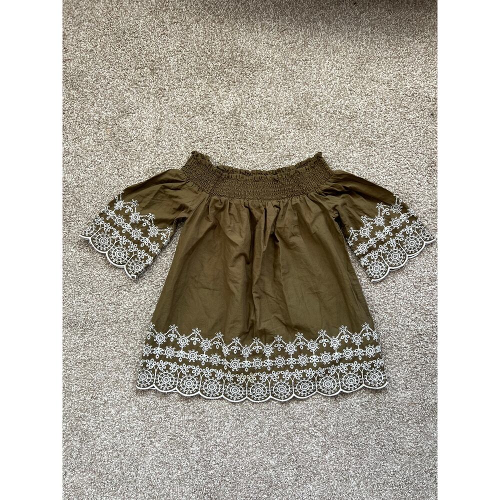 Abercrombie Fitch‎ XS Top Olive Green Eyelet Embroidered Smocked Off Shoulder
